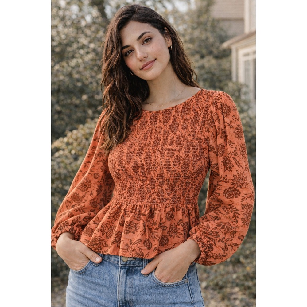 Universal Thread Orange Floral Smocked Peplum Blouse Women M Long Sleeve